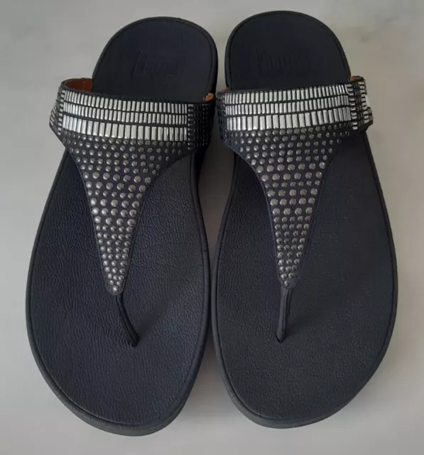 Fitflop Aztek Chada Size 8/42 Navy Leather Flip Flops Very Good Cond'n Free P&P