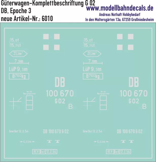 H0-Komplettbeschriftung für G 02 der DB,  Decals Kreye NEU 087-6010