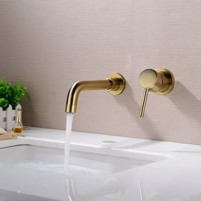 New Brass Wall Mounted Swivel Spout Sink Faucet Basin Mixer Taps Brushed Gold UK