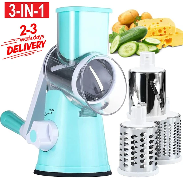 Sakesfor 5-in-1 Rotary Cheese Grater & Veggie Slicer — With Suction Base, 5 Blades, Easy Clean (White)