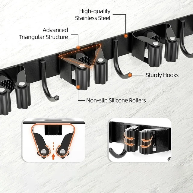Porte-brosse vadrouille noire premium avec porte-clips pratique (2 clips 3 croch