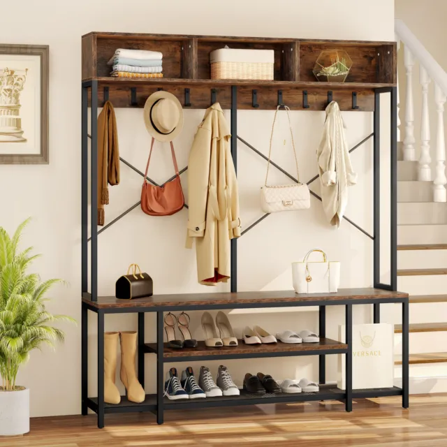 Entryway Bench with Coat Rack Hall Tree Shoe Storage Shelves with 10 Hooks