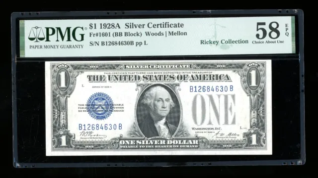 DBR 1928-A $1 Silver Funnyback Fr. 1601 BB Block PMG 58 EPQ Serial B12684630B