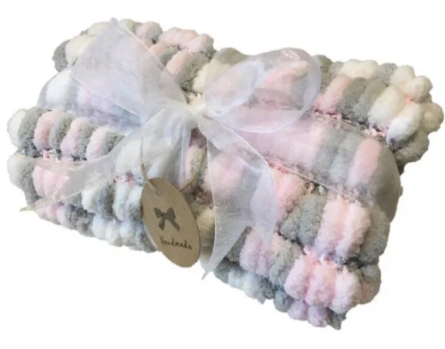 Luxuriously Soft Pompom Baby Blanket White/Grey/Pink 40 x 45 cm