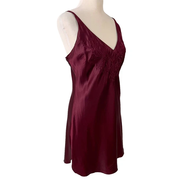 VICTORIAS SECRET SILK Chemise Slip Dress Large Burgundy Gold Label