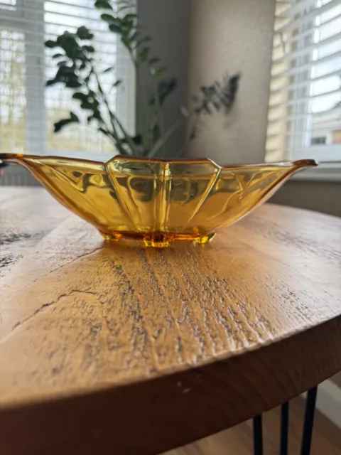 Art Deco Amber Pressed Glass Oval footed serving bowl