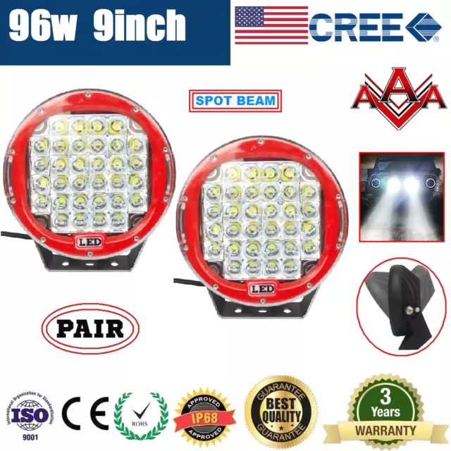 Pair 9inch 96w CREE LED Driving Light Round Spotlight Bar Offroad 4WD Lamp 185W