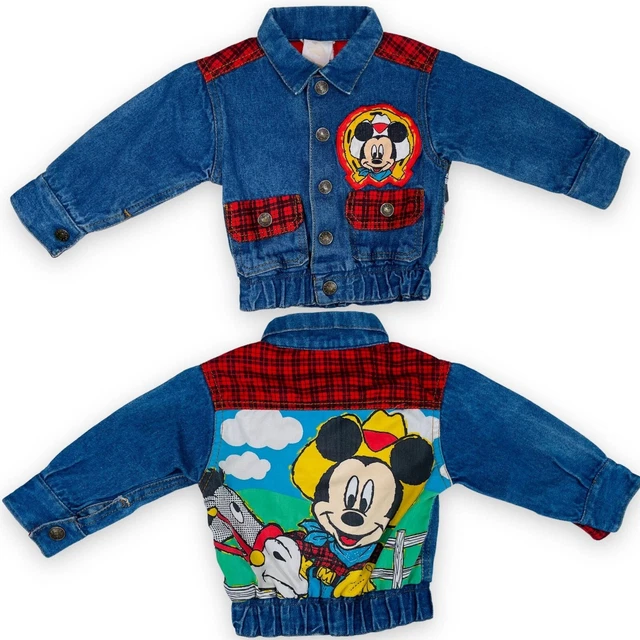 Vintage Mickey Mouse Print Baby Elastic Waist + Plaid Denim Jacket 9m / 12m