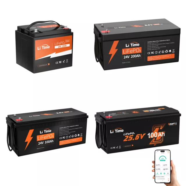 LiTime 24V 25Ah 100Ah 200Ah LiFePO4 Lithium Batterie für Solar Wohnmobil Boot