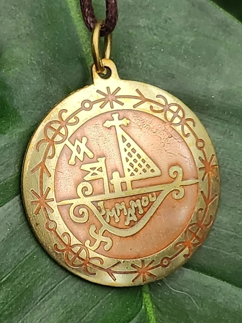 Bronze Met Kalfou Voodoo Loa Veve Pendant – Hoodoo Amulet, Lwa Jewelry, 1 Inch Diameter