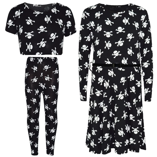 Bambine Teschio Top Corto Stampa Legging Pattinatrice Abito Costume Halloween