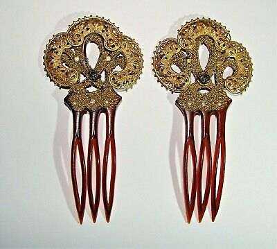 2 Matching Ornate Gold Filigree Antique Hair Combs Set Flower Rose