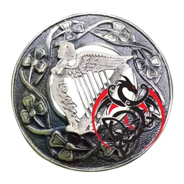 Scottish Kilt Fly Plaid Irish Harp Brooch Antique Finish Celtic Pin Brooches 3"