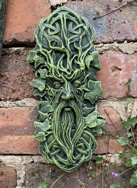 Celtic man stone garden ornament Wall/Tree plaque hanging old beard green