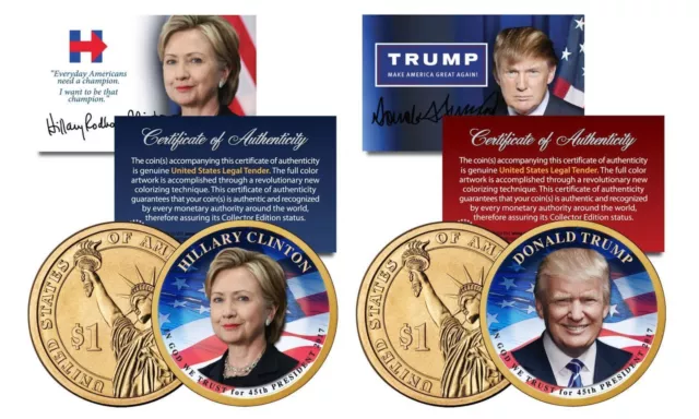 Donald Trump & Hillary Clinton Colorized Gold Plated $1 Coin Set! Coa & Stands!