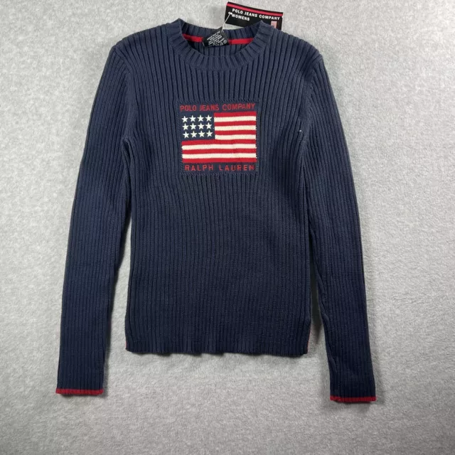 Polo Jeans Co Ralph Lauren Vintage Ribbed Crew Neck Sweater Embroidered Flag M