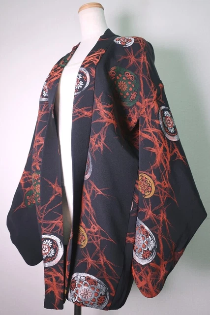 8572G2 Silk Vintage Japanese Kimono Haori Jacket Tangled tree Kiku Urushi