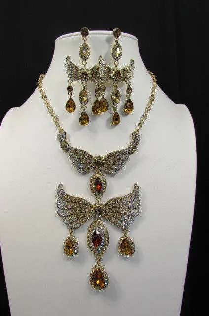 Women Metal Flying Angel Wings Fancy Fashion Necklace Gold Silver + Earrings Set