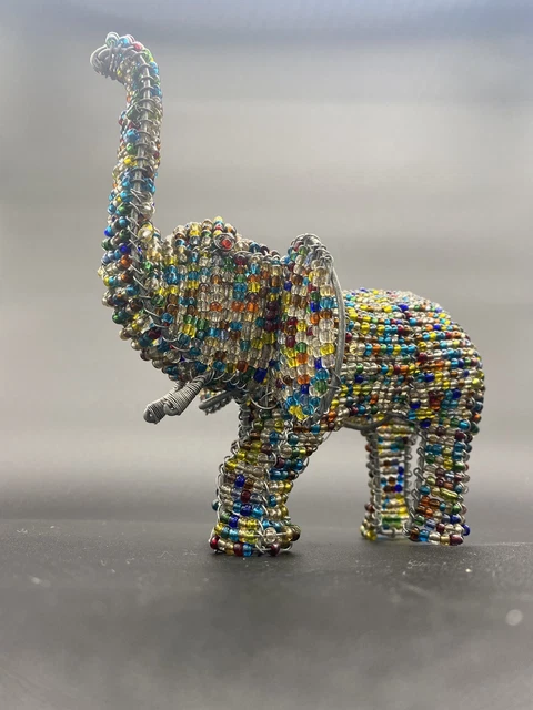 Elephant Figurine Handcrafted Multicolored Beads Wire Wrap Sculpture From Africa