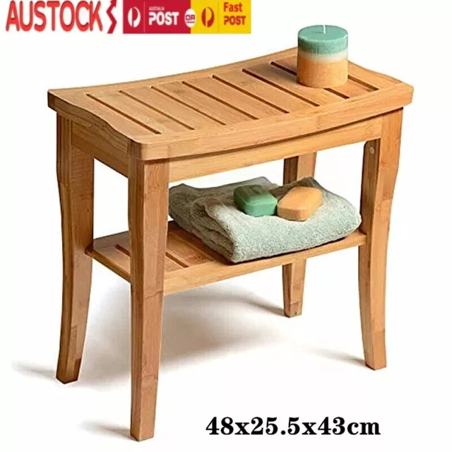 Slatted Natural Bamboo Wood Bathroom Shower Stool Bench Seat Shoe Rack Shelf