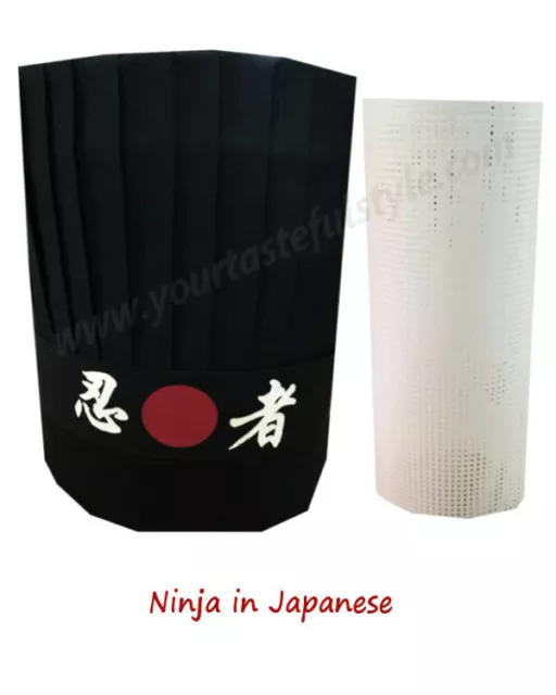 Hibachi chef hat set, Black tall hat, Ninja Headband, plastic insert hat net NEW