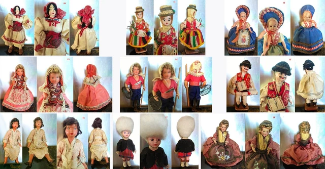 Lot De 30 Poupées Folkloriques Celluloïd, 10-20 Cm, Vintage, Collection