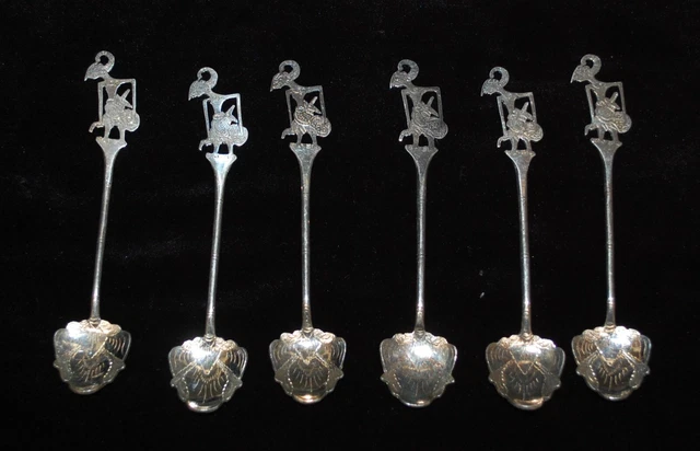 Vintage Set of 6 Wayang Kulit Shadow Puppet Silver Plate Small Spoons  Preowned