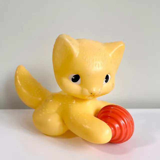 Soviet Plastic Kitty Childrens Play Toy Yellow Cat with Rattle Ball Vintage USSR