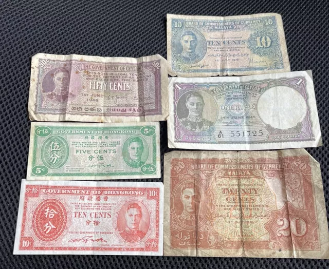 6 X King George VI Malaya, Ceylon & Hong Kong Banknotes