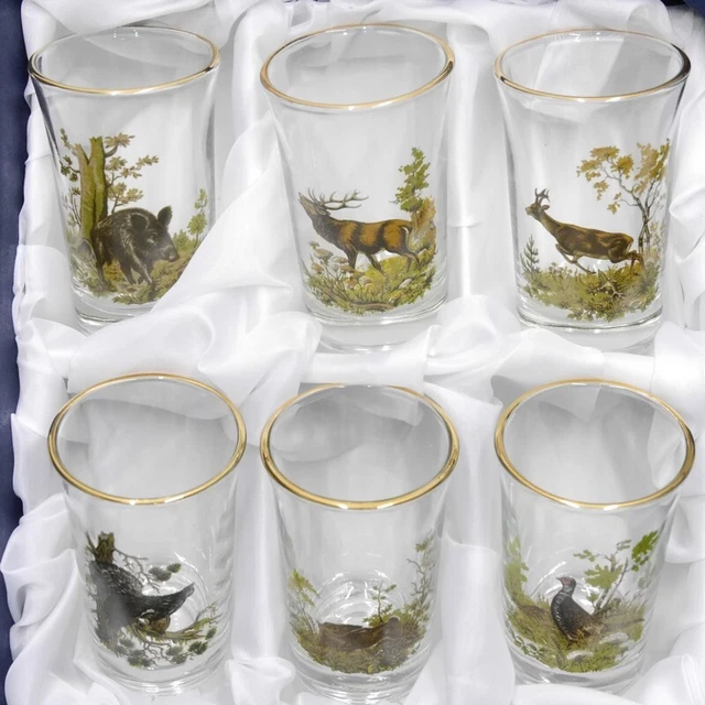 6 Piezas Aguardiente Vasos Juego Con Color Oro Borde -hoch- Con Jagddekor Color