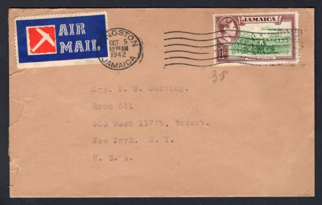 Cubierta única de 1/- con estampilla en correo aéreo de Jamaica 1942 a EE. UU. Etiqueta / etiqueta