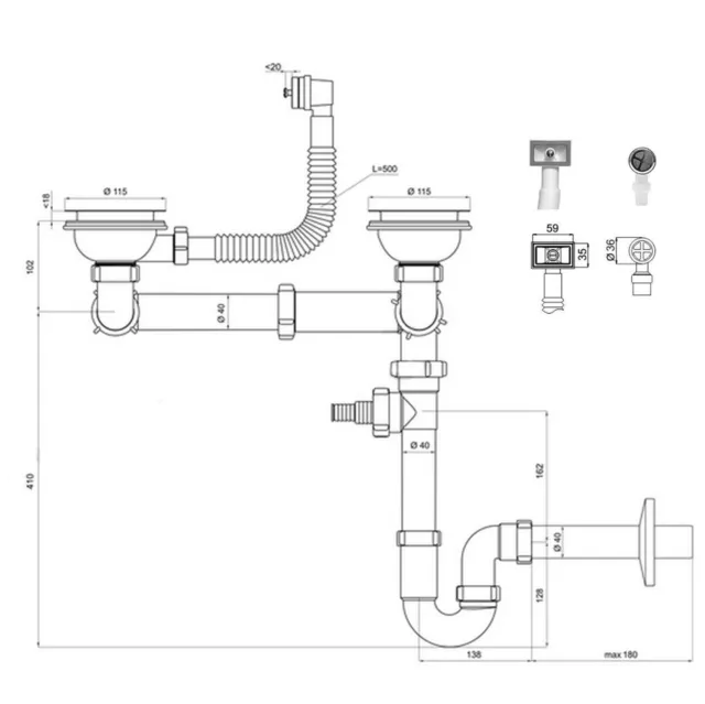 115mm de acero inoxidable doble tazón de cocina fregadero kit de residuos 2