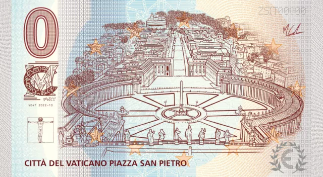 Banconota souvenir zero 0 euro "CM ART" Città del Vaticano Piazza San Pietro