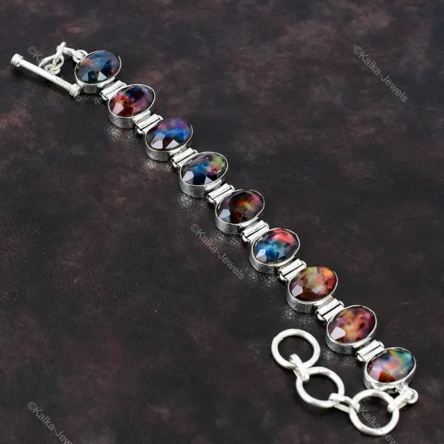 Natural Ammolite Gemstone Chain Adjustable Bracelet 925 Silver For Women