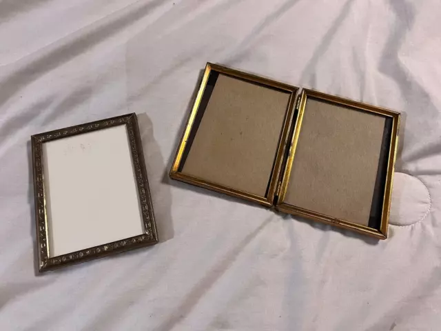 2 Vintage 3x4 in Metal Photo Picture frames one is a DOUBLE one is a SINGLE