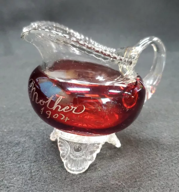 Antique EAPG Clear & Ruby Red Flash Glass Mother 1904 Etching Tiny Creamer