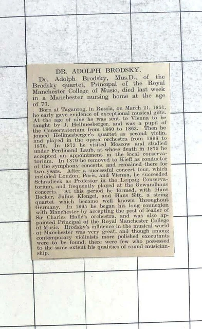 1929 SHORT OBITUARY Of Dr Adolph Brodsky, Brodsky Quartet EUR 7,06