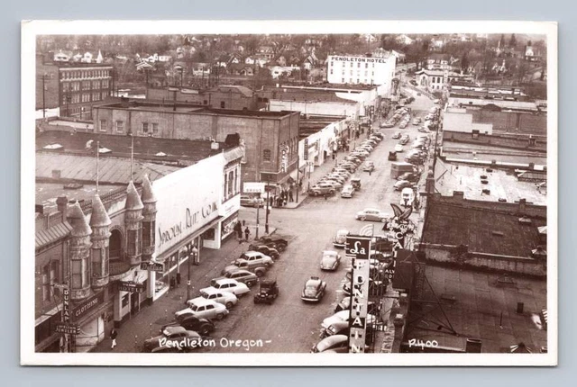 Main Street PENDLETON Oregon RPPC Vintage Smith Neon Sign Photo Postcard ~1940s