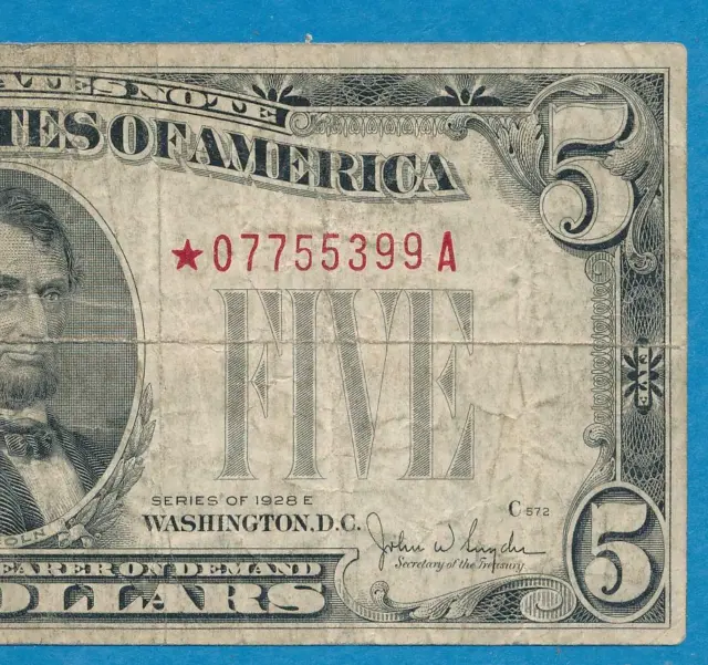 $5.00 1928-e RARE  STAR  RED SEAL LEGAL TENDER  UNITED STATES NOTE