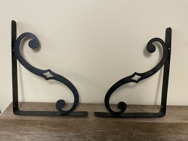 *Vintage Pair Set/2 Black Decorative Metal Wall Shelf Bracket Hammered Finish