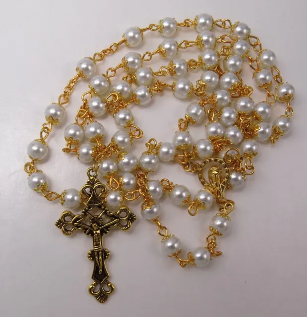 Catholic Pearl Rosary, White Glass Pearl, Gold Tone Accents, Ornate Crucifix