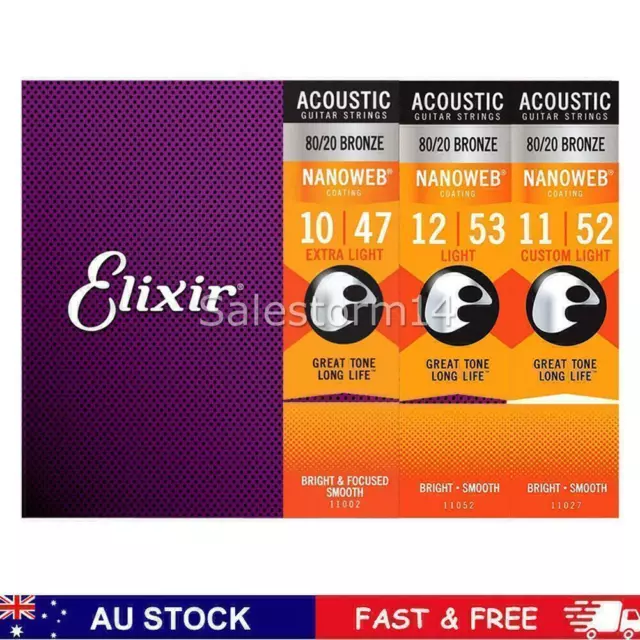 Elixir Acoustic Guitar Strings Nanoweb 80/20 Bronze 11002 11027 11052 GIFT OZ