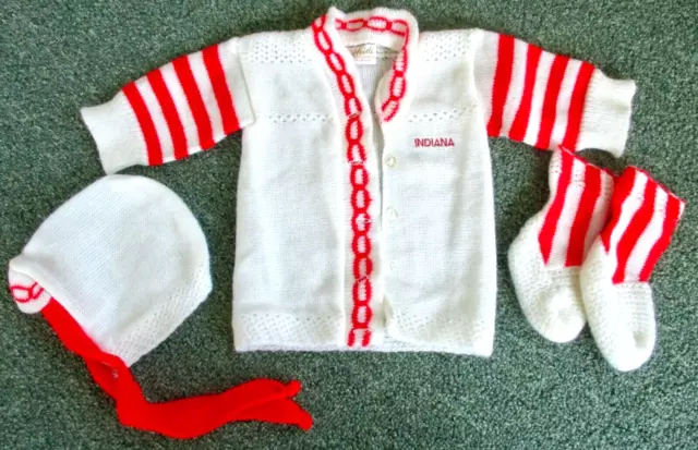 Baby Sweater Set Indiana red & white with hat booties
