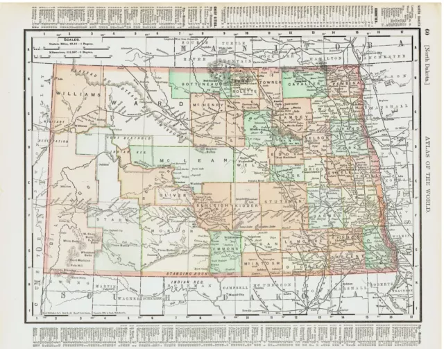 1899 Color Map States of North & South Dakota Very Clean Detailed Near Mint Map