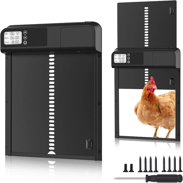 Aka & Lou Elektrische Hühnerstalltür – Automatisch Mit Zeitschaltuhr & LCD, Programmierbar, Batteriebetrieben, Groß (37x27,5 Cm), Robustes Aluminium, Für Hühner & Enten
