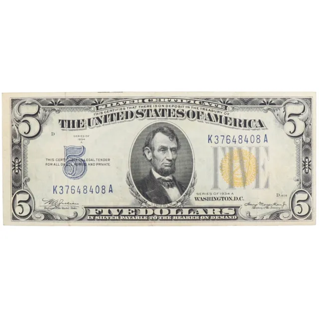 1934 A American North Africa WW2 Issue Five Dollar Silver Certificate US $5 Note