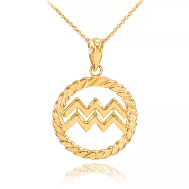 14k Gold Aquarius Zodiac Sign in Circle Rope Pendant Necklace