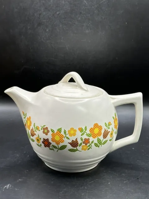 Vintage 8.5" McCoy Plaid Cream Orange Flower Power Ceramic Pottery Tea Teapot