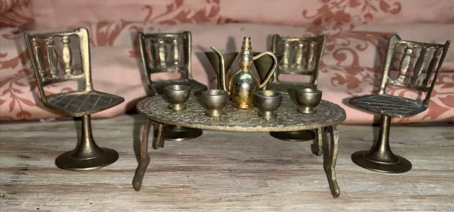 Brass Miniature Dollhouse Furniture Table Chairs Pitcher Goblets Set