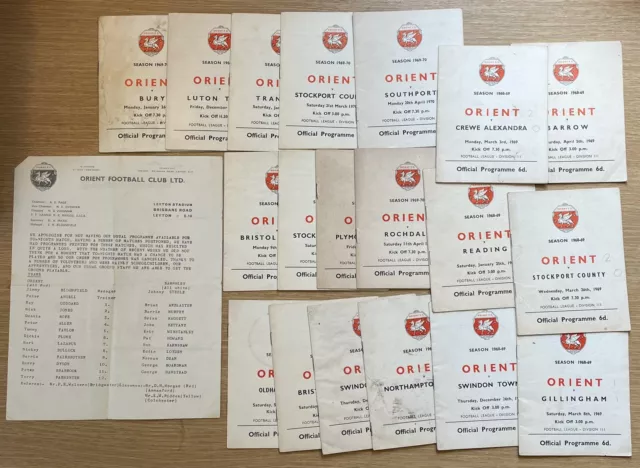 19 Vintage Leyton Orient Football Programmes Plus Teamsheet